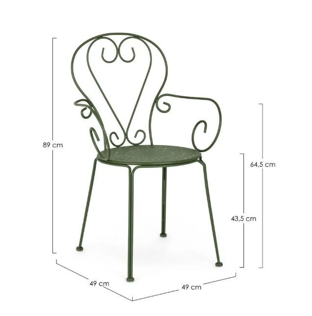 Vrtni stol ETIENNE temno zelena - eksponat v salonu Vrtni stol ETIENNE temno zelena - eksponat v salonu, je narejen iz jekla in ima mat zaključek. Material: - Jeklo Barve: - Zelena Dimenzije: širina: 49 cm