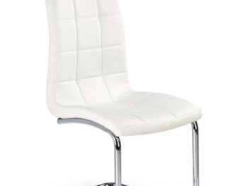 Jedilni stol K147 je dobavljiv v belem umetnem usnju s kovinskimi inox nogami. Dimenzija: - Š:42/G:55/V:101 cm, Material: - kovinsko podnožje - INOX - belo