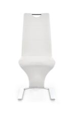 Jedilni stol K188 je dobavljiv v belem umetnem usnju s kovinskimi inox nogami. Dimenzija: - Š:45/G:63/V:101 cm, Material: - kovinsko podnožje - INOX - belo