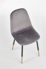 Jedilni stol K379 je dobavljiv v sivi barvi. Noge stola so iz kovine prašno barvane črno/zlate. Dimenzija: - Š:45/G:48/V:88 cm, Material: - tkanina -