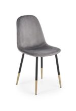 Jedilni stol K379 je dobavljiv v sivi barvi. Noge stola so iz kovine prašno barvane črno/zlate. Dimenzija: - Š:45/G:48/V:88 cm, Material: - tkanina -
