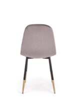 Jedilni stol K379 je dobavljiv v sivi barvi. Noge stola so iz kovine prašno barvane črno/zlate. Dimenzija: - Š:45/G:48/V:88 cm, Material: - tkanina -