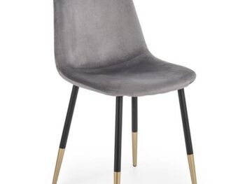 Jedilni stol K379 je dobavljiv v sivi barvi. Noge stola so iz kovine prašno barvane črno/zlate. Dimenzija: - Š:45/G:48/V:88 cm, Material: - tkanina -
