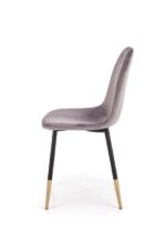 Jedilni stol K379 je dobavljiv v sivi barvi. Noge stola so iz kovine prašno barvane črno/zlate. Dimenzija: - Š:45/G:48/V:88 cm, Material: - tkanina -