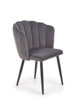 Jedilni stol K386 je dobavljiv v sivi barvi. Noge stola so iz kovine prašno barvane. Dimenzija: - Š:60/G:58/V:84 cm, Material: - tkanina - kovina