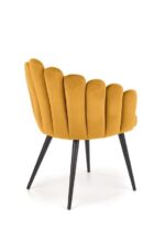Jedilni stol K410 je dobavljiv v rumeni barvi. Noge stola so iz kovine prašno barvane. Dimenzija: - Š:65/G:62/V:85 cm, Material: - tkanina - kovina