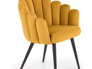 Jedilni stol K410 je dobavljiv v rumeni barvi. Noge stola so iz kovine prašno barvane. Dimenzija: - Š:65/G:62/V:85 cm, Material: - tkanina - kovina