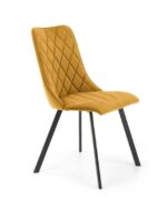 Jedilni stol K450 je dobavljiv v rumeni barvi. Noge stola so iz kovine prašno barvane. Dimenzija: - Š:44/G:58/V:85 cm Material: - tkanina velvet BLUVEL 68 -