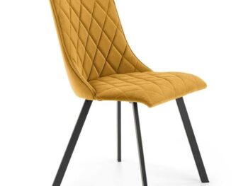 Jedilni stol K450 je dobavljiv v rumeni barvi. Noge stola so iz kovine prašno barvane. Dimenzija: - Š:44/G:58/V:85 cm Material: - tkanina velvet BLUVEL 68 -