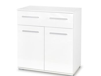 Komoda LIMA bela je narejen iz kakovostne laminirane plošče v barvi bela visoki sijaj. Ima ABS robove, ki ščitijo pred udarci, vlago in praskami. Odlično
