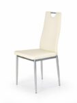 Jedilni stol K202 je dobavljiv v krem umetnem usnju s kovinskimi inox nogami. Dimenzija: - Š:44/G:59/V:97 cm, Material: - kovinsko podnožje - INOX - krem