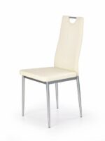 Jedilni stol K202 je dobavljiv v krem umetnem usnju s kovinskimi inox nogami. Dimenzija: - Š:44/G:59/V:97 cm, Material: - kovinsko podnožje - INOX - krem