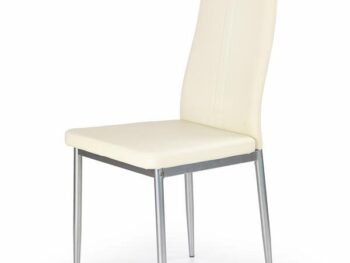 Jedilni stol K202 je dobavljiv v krem umetnem usnju s kovinskimi inox nogami. Dimenzija: - Š:44/G:59/V:97 cm, Material: - kovinsko podnožje - INOX - krem