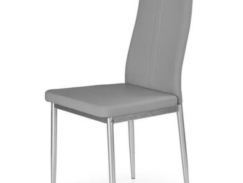 Jedilni stol K202 je dobavljiv v sivem umetnem usnju s kovinskimi inox nogami. Dimenzija: - Š:44/G:59/V:97 cm, Material: - kovinsko podnožje - INOX - sivo