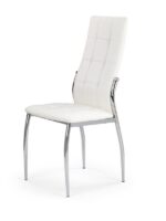 Jedilni stol K202 je dobavljiv v belem umetnem usnju s kovinskimi inox nogami. Dimenzija: - Š:43/G:54/V:101 cm, Material: - kovinsko podnožje - INOX - belo