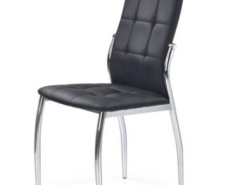 Jedilni stol K202 je dobavljiv v črnem umetnem usnju s kovinskimi inox nogami. Dimenzija: - Š:43/G:54/V:101 cm, Material: - kovinsko podnožje - INOX - črno