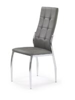 Jedilni stol K202 je dobavljiv v sivem umetnem usnju s kovinskimi inox nogami. Dimenzija: - Š:43/G:54/V:101 cm, Material: - kovinsko podnožje - INOX - sivo