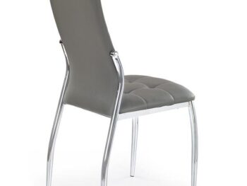 Jedilni stol K202 je dobavljiv v sivem umetnem usnju s kovinskimi inox nogami. Dimenzija: - Š:43/G:54/V:101 cm, Material: - kovinsko podnožje - INOX - sivo