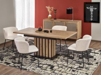 Raztegljiva jedilna miza LAMELLO je narejena iz kakovostne laminirane plošče v barvi artisan hrast. Nogice so v črni barvi s kombinacijo artisan hrast.