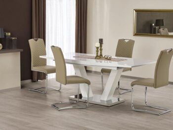 Raztegljiva jedilna miza VISION narejena iz kakovostne MDF plošče ter prašno barvane kovine. Miza je v beli barvi. Barva: - Bela Material: - MDF - Prašno