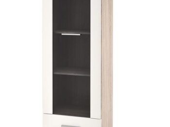 Vitrina LIMA sonoma / bela je narejen iz kakovostne laminirane plošče v barvi sonoma. Ima ABS robove, ki ščitijo pred udarci, vlago in praskami. V