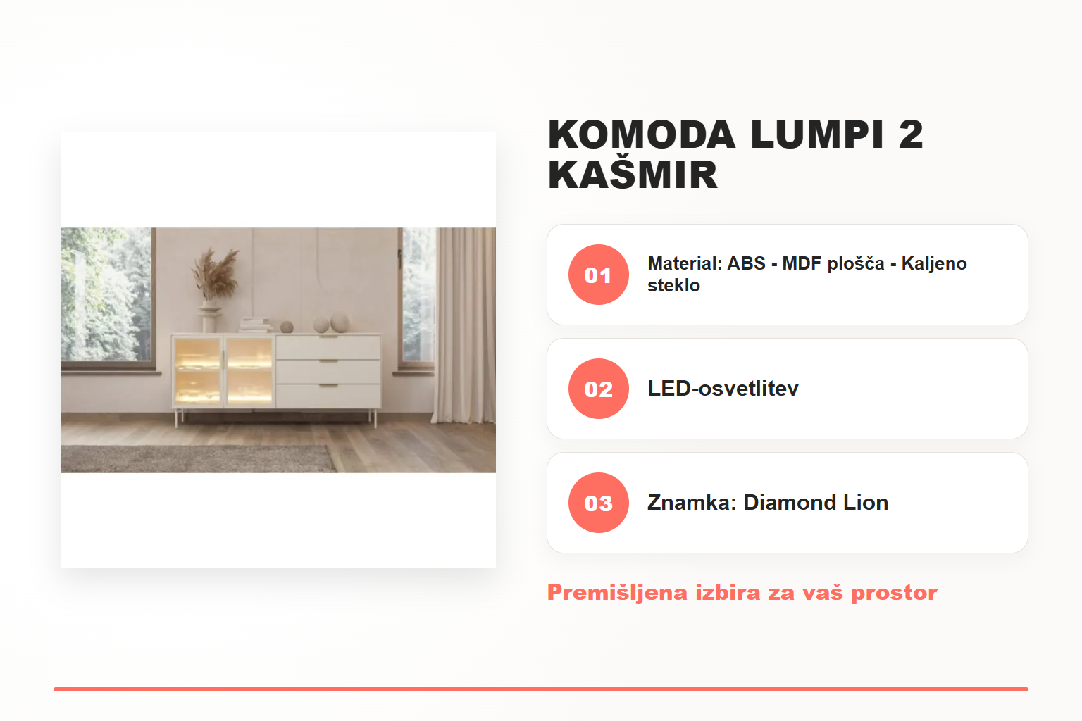 Komoda LUMPI 2 kašmir – pregled ključnih lastnosti