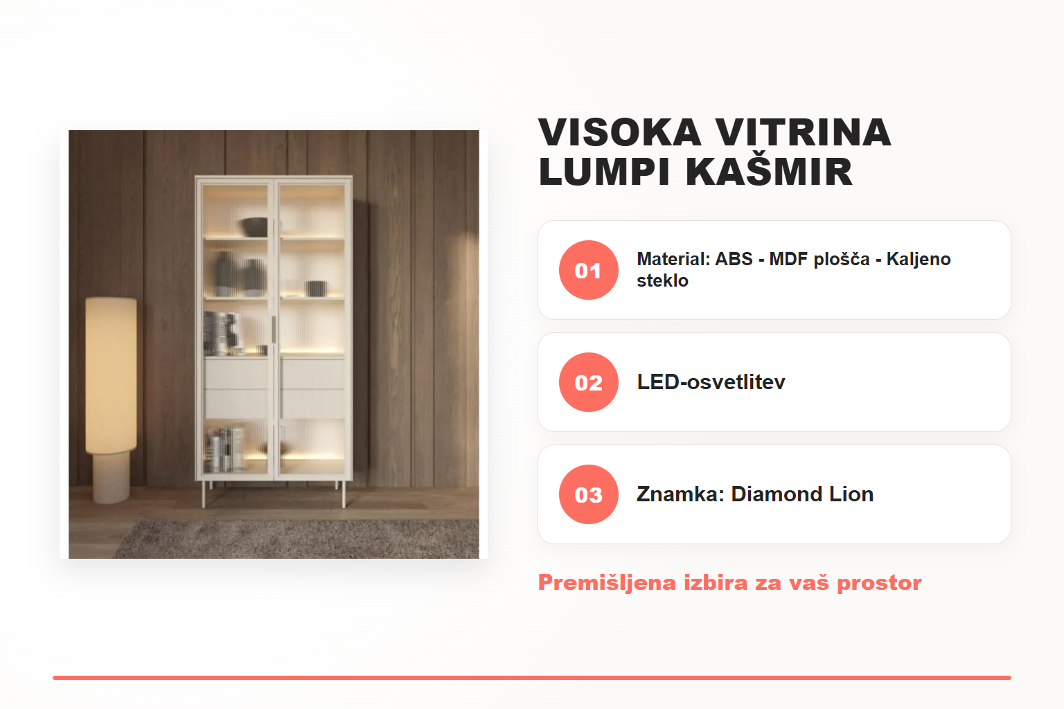 Visoka vitrina LUMPI kašmir – pregled ključnih lastnosti