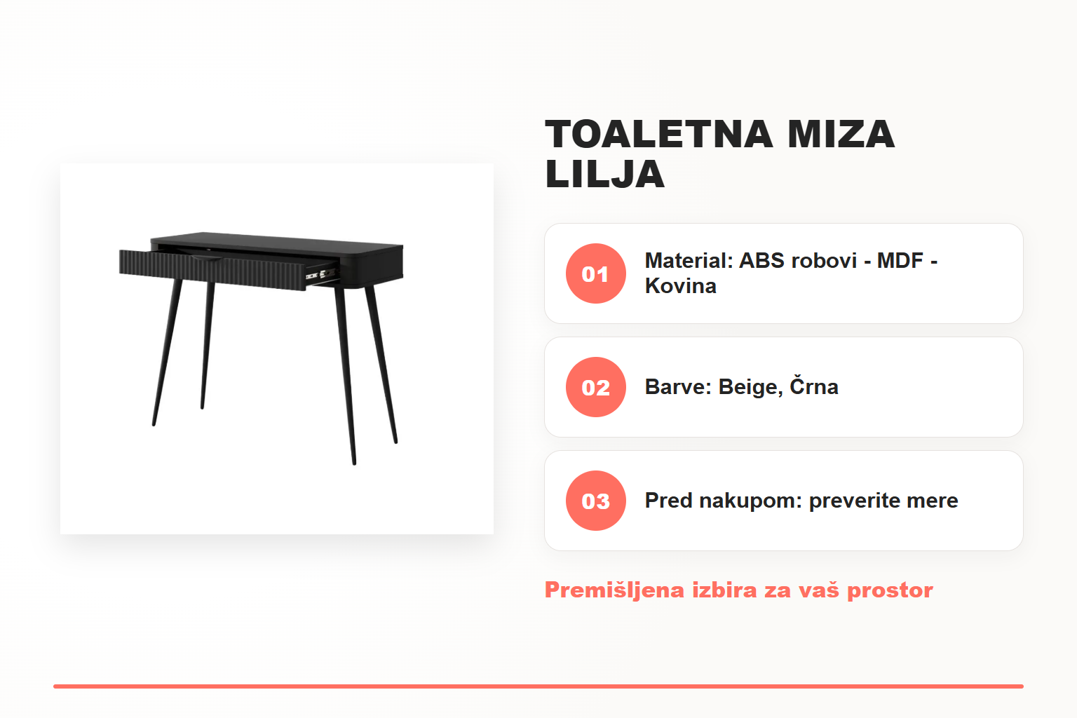 Toaletna miza LILJA – pregled ključnih lastnosti