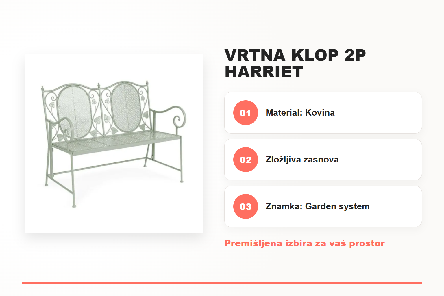 Vrtna klop 2P HARRIET – pregled ključnih lastnosti