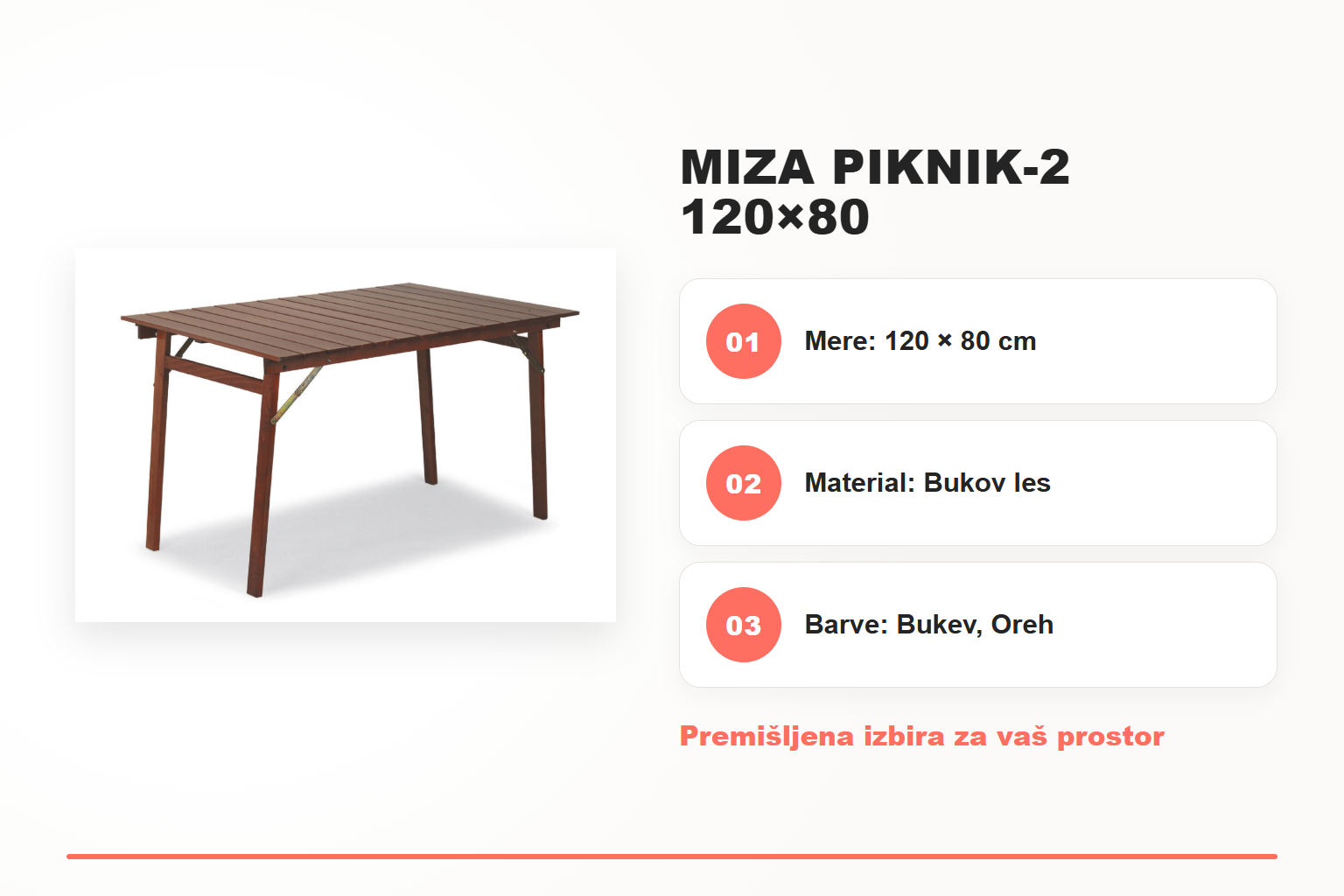 MIZA PIKNIK-2 120×80 – pregled ključnih lastnosti