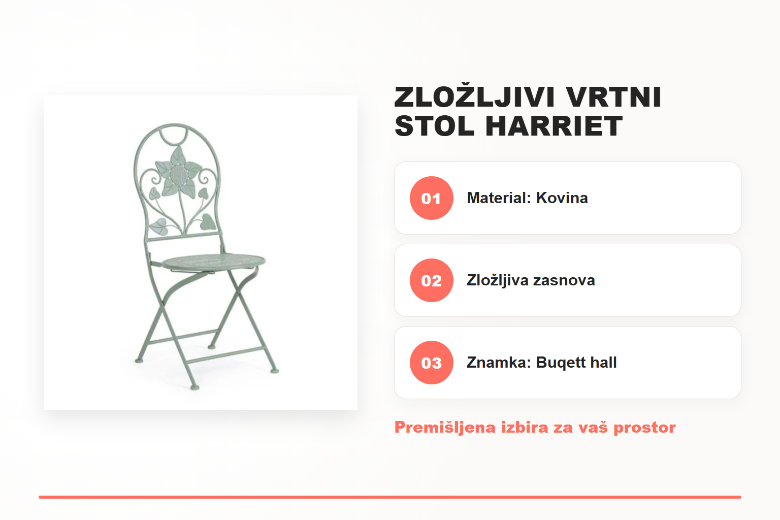 Zložljivi vrtni stol HARRIET – pregled ključnih lastnosti
