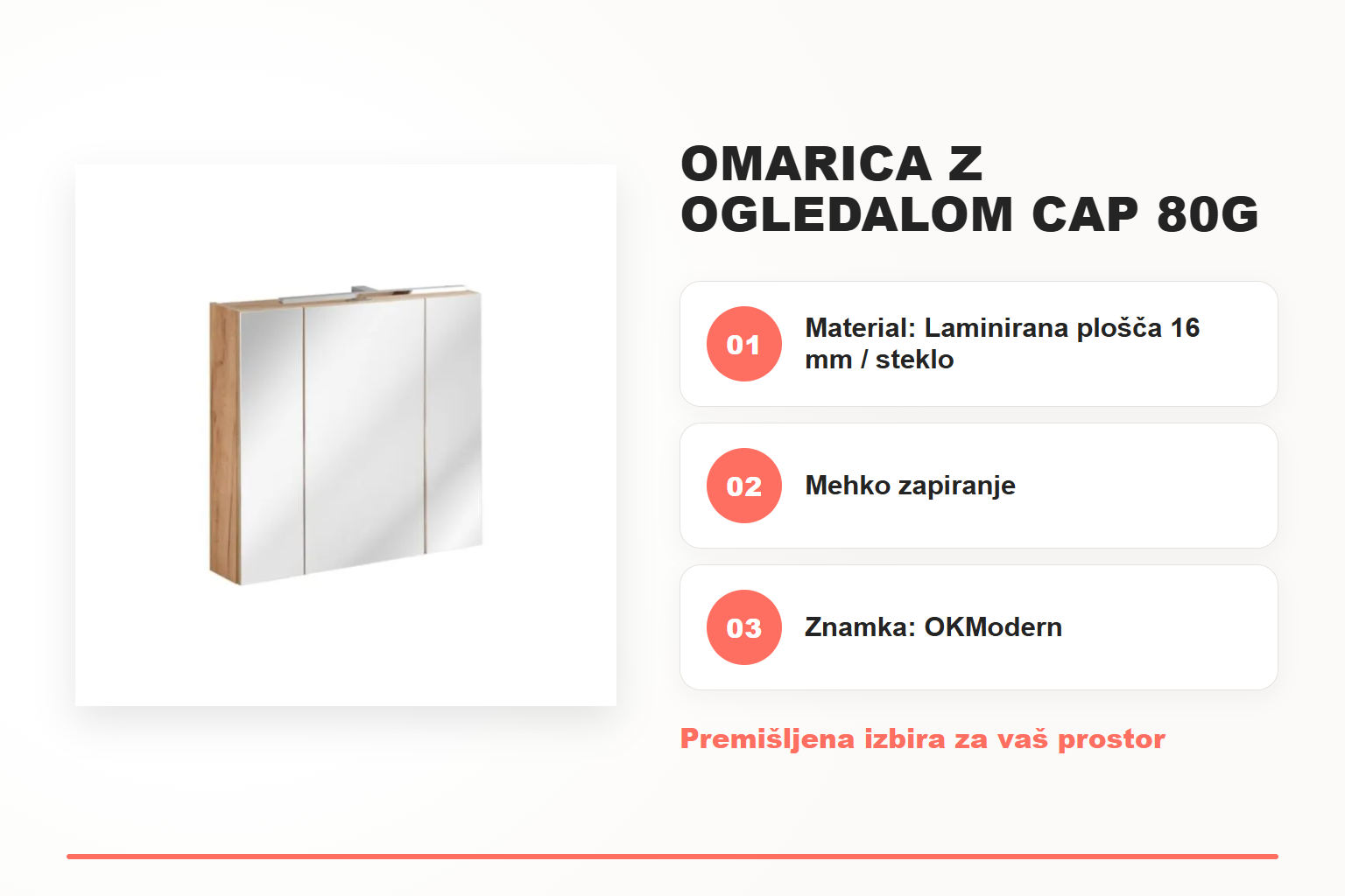 Omarica z ogledalom CAP 80G hrast – pregled ključnih lastnosti