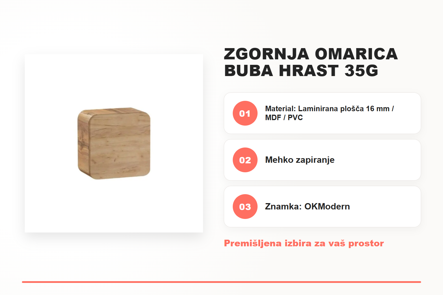 Zgornja omarica BUBA hrast 35G mala – pregled ključnih lastnosti