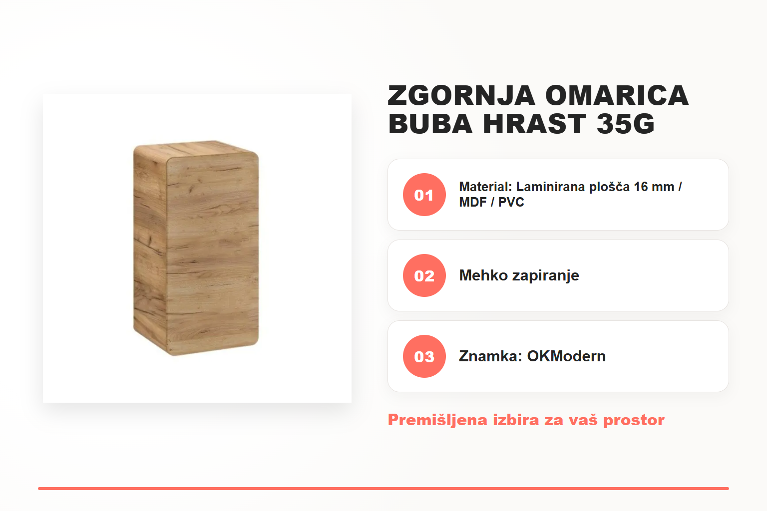 Zgornja omarica BUBA hrast 35G – pregled ključnih lastnosti