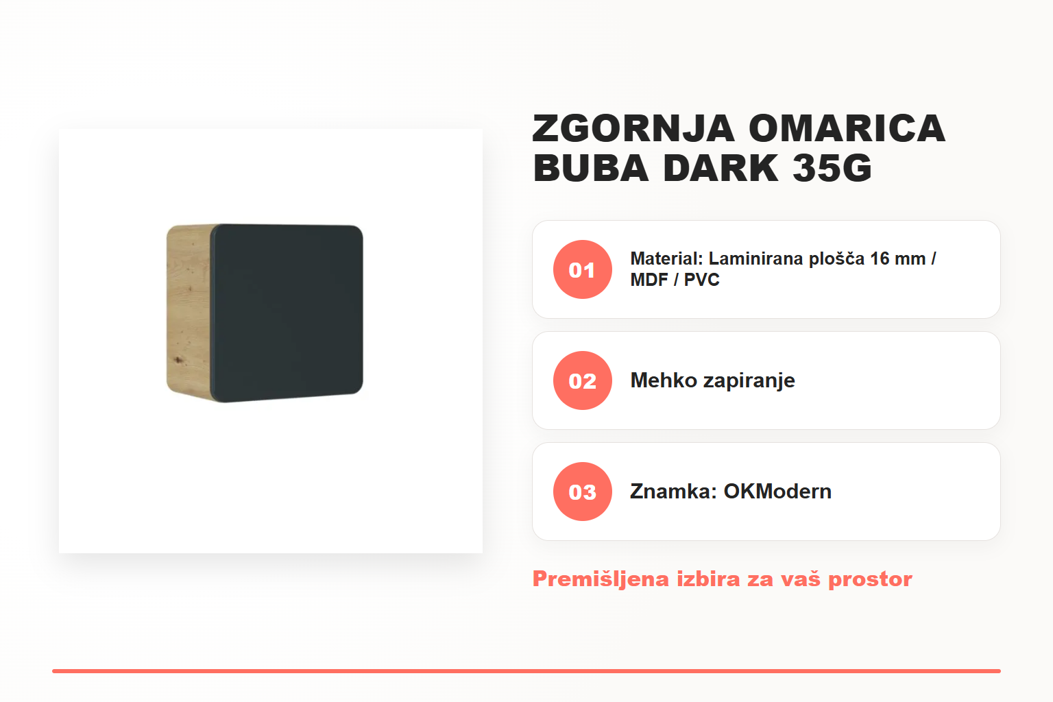 Zgornja omarica BUBA DARK 35G mala – pregled ključnih lastnosti