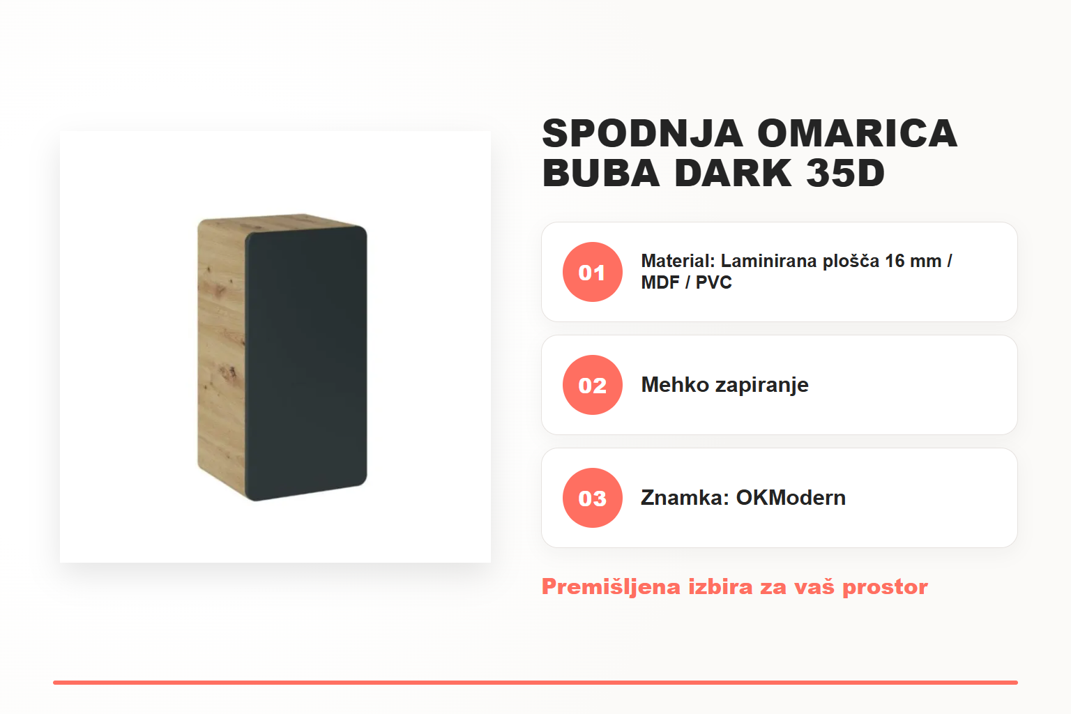 Spodnja omarica BUBA DARK 35D – pregled ključnih lastnosti