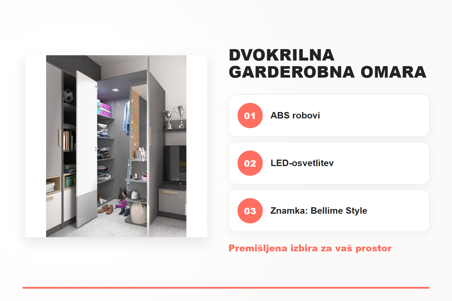 Dvokrilna garderobna omara SIVKO – desna – pregled ključnih lastnosti