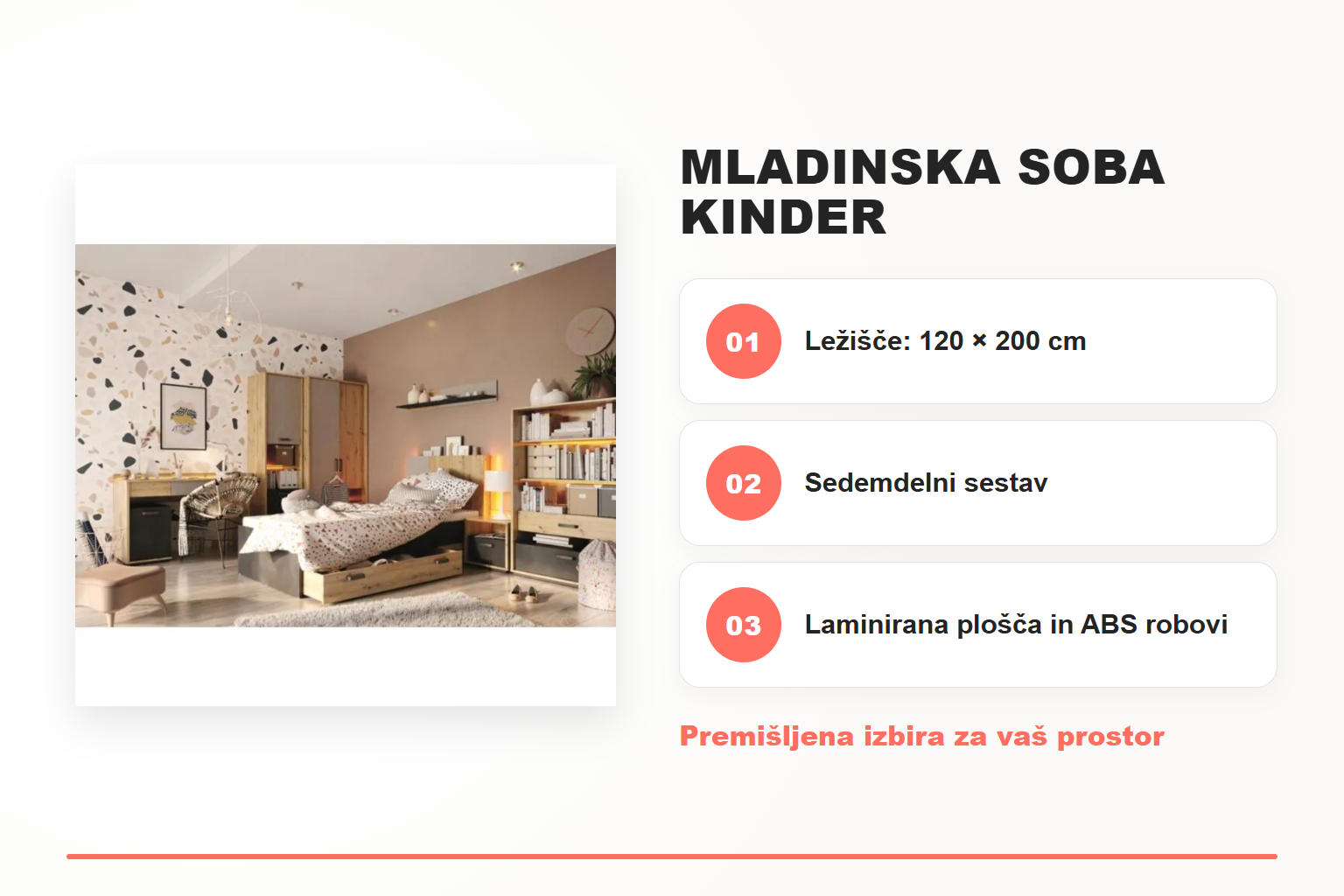 Mladinska soba KINDER – pregled ključnih lastnosti