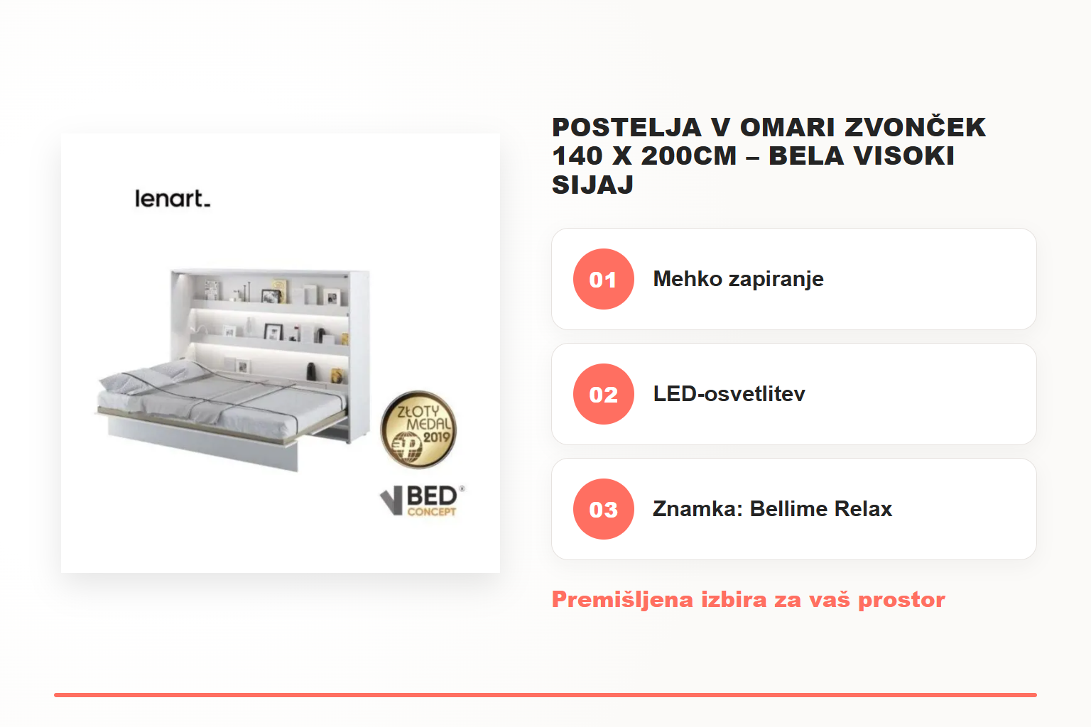 Postelja v omari ZVONČEK 140 x 200cm – bela visoki sijaj – pregled ključnih lastnosti