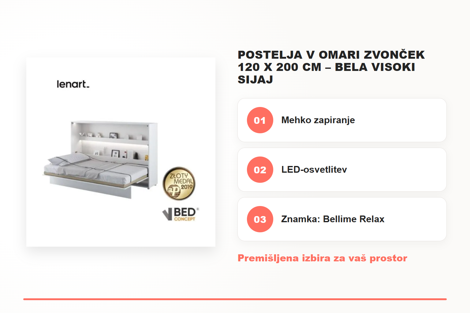 Postelja v omari ZVONČEK 120 x 200 cm – bela visoki sijaj – pregled ključnih lastnosti