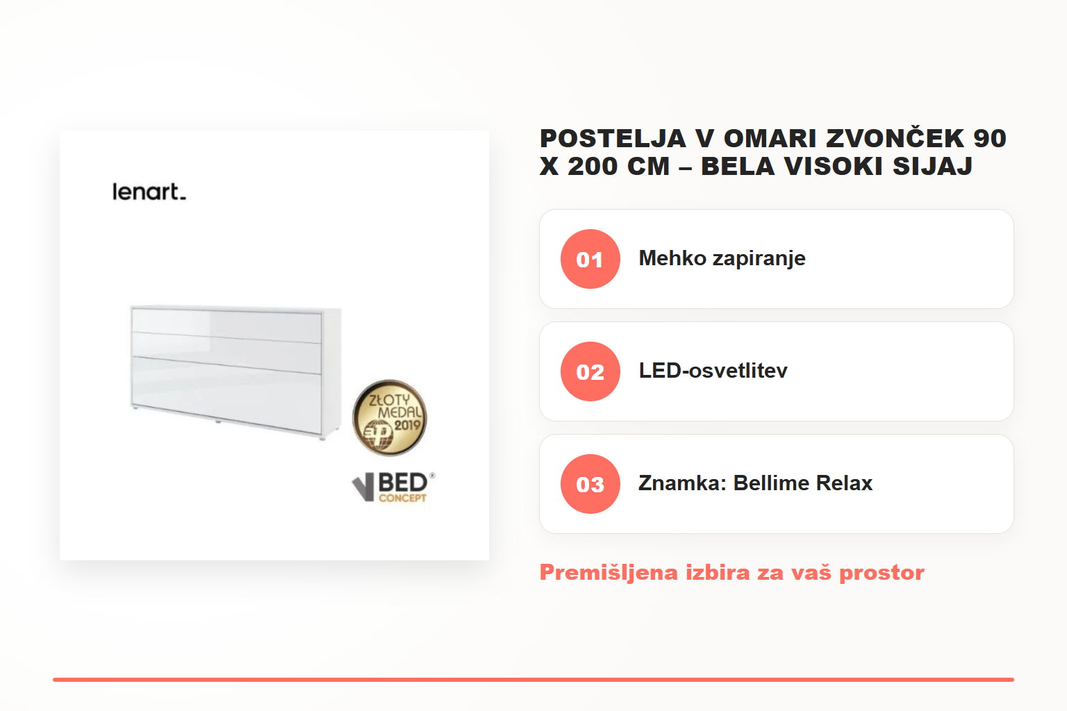 Postelja v omari ZVONČEK 90 x 200 cm – bela visoki sijaj – pregled ključnih lastnosti