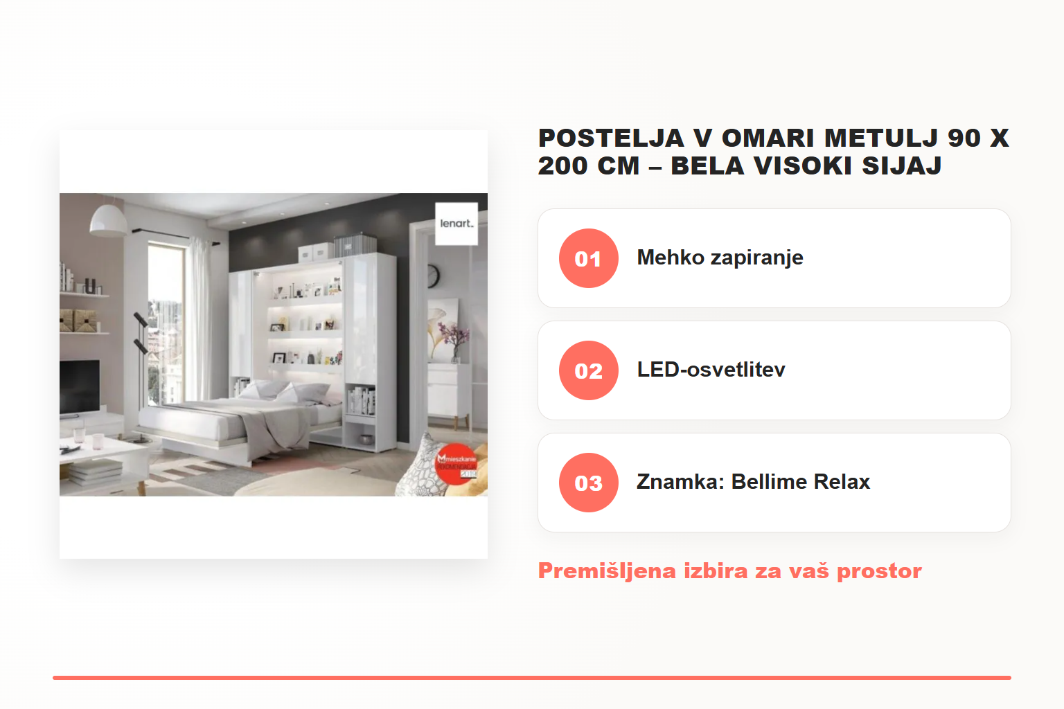 Postelja v omari METULJ 90 x 200 cm – bela visoki sijaj – pregled ključnih lastnosti