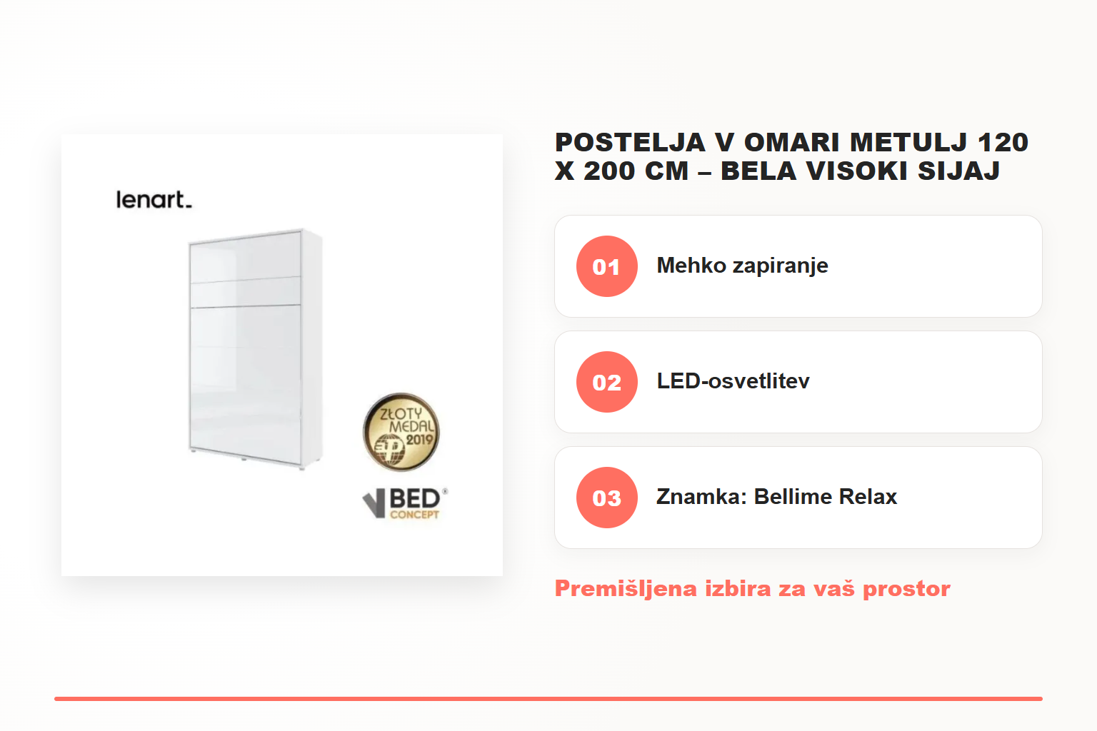 Postelja v omari METULJ 120 x 200 cm – bela visoki sijaj – pregled ključnih lastnosti
