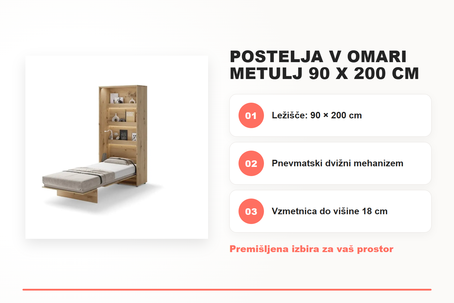Postelja v omari METULJ 90 x 200 cm – pregled ključnih lastnosti