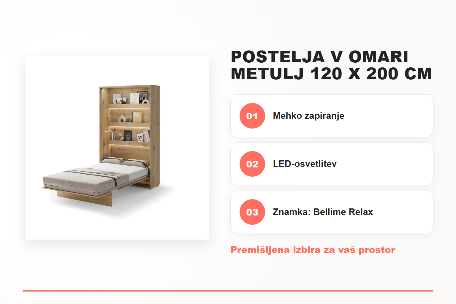 Postelja v omari METULJ 120 x 200 cm – pregled ključnih lastnosti