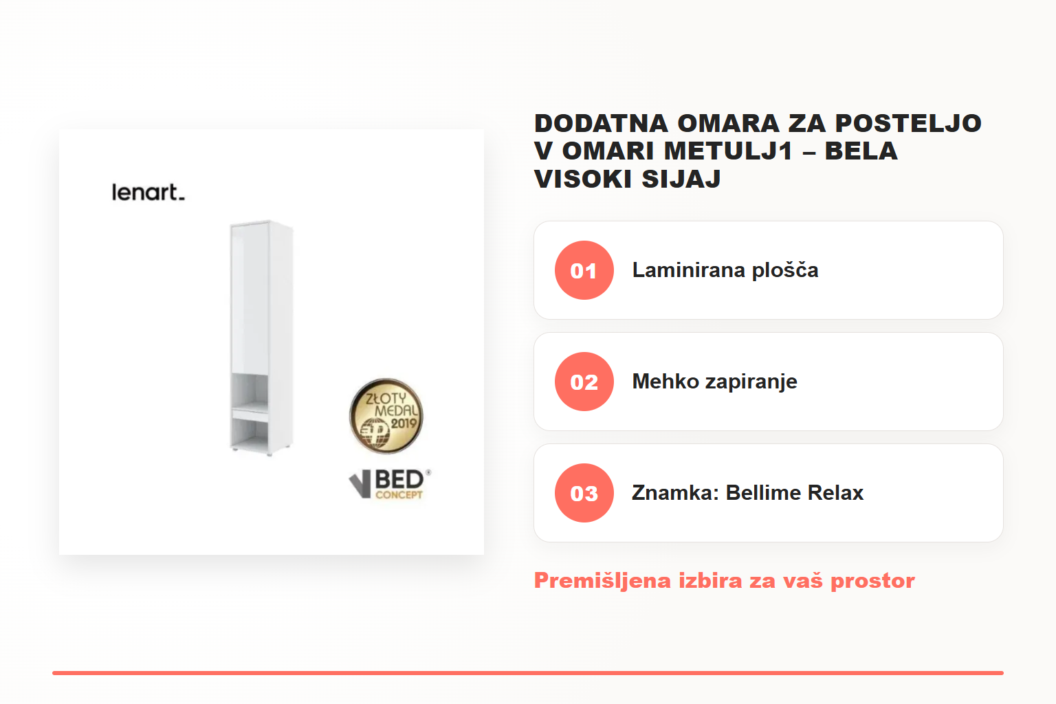 Dodatna omara za posteljo v omari METULJ1 – bela visoki sijaj – pregled ključnih lastnosti