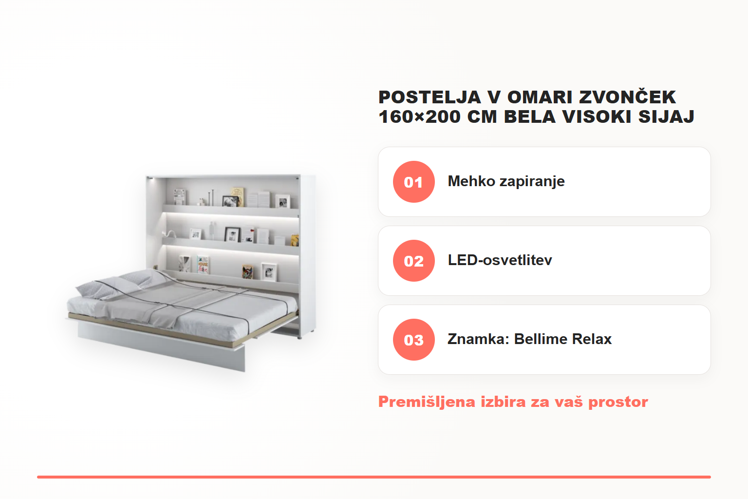 Postelja v omari ZVONČEK 160×200 cm bela visoki sijaj – pregled ključnih lastnosti