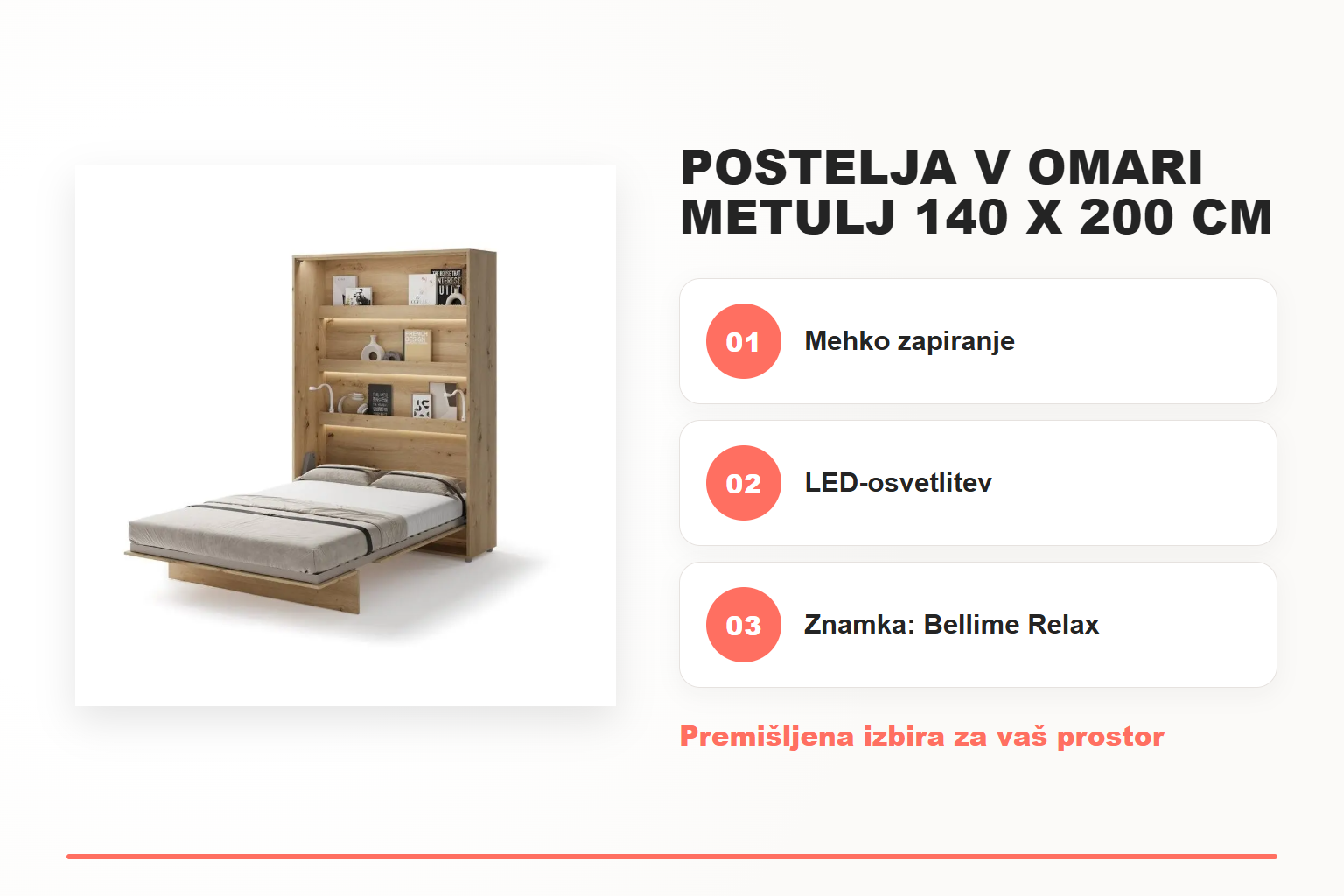 Postelja v omari METULJ 140 x 200 cm – pregled ključnih lastnosti