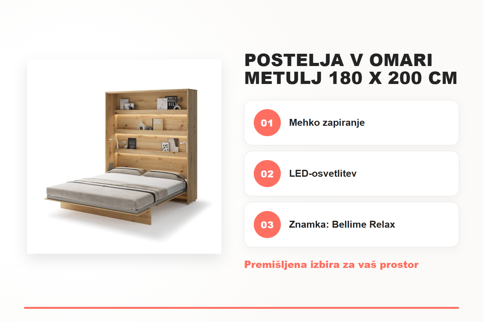 Postelja v omari METULJ 180 x 200 cm – pregled ključnih lastnosti