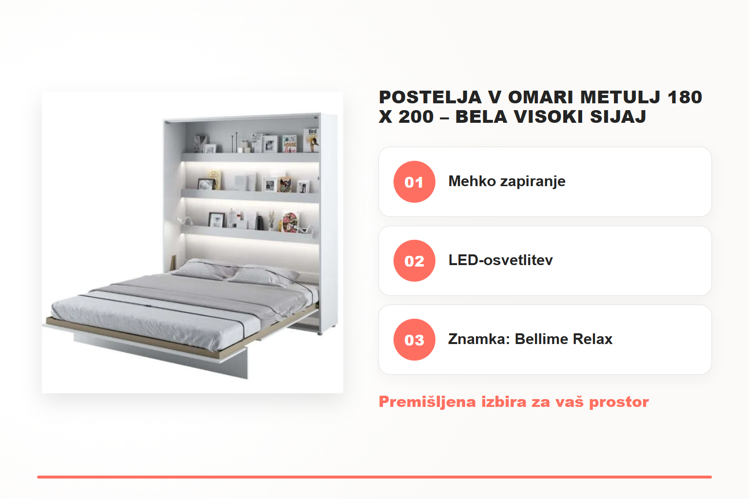 Postelja v omari METULJ 180 x 200 – bela visoki sijaj – pregled ključnih lastnosti